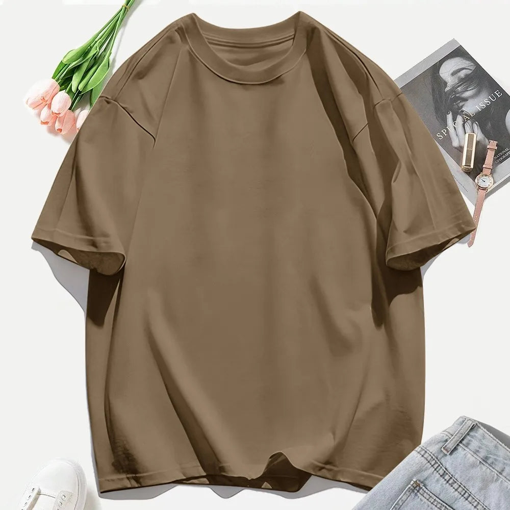 T-shirt femme Y2K 100 % coton, t-shirt décontracté de couleur unie, col rond, hauts d’été pour femmes, mode oversize, sportswear féminin tendance.