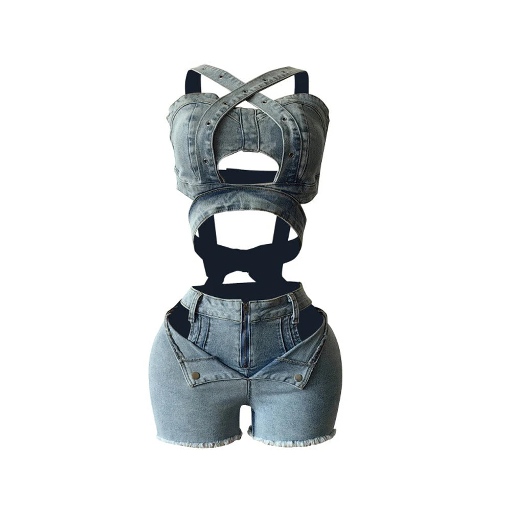 Ensemble short en jean sexy pour femmes, haut court en denim à bretelles et short découpé, vêtements d’été 2025, streetwear, tenue de club deux pièces
