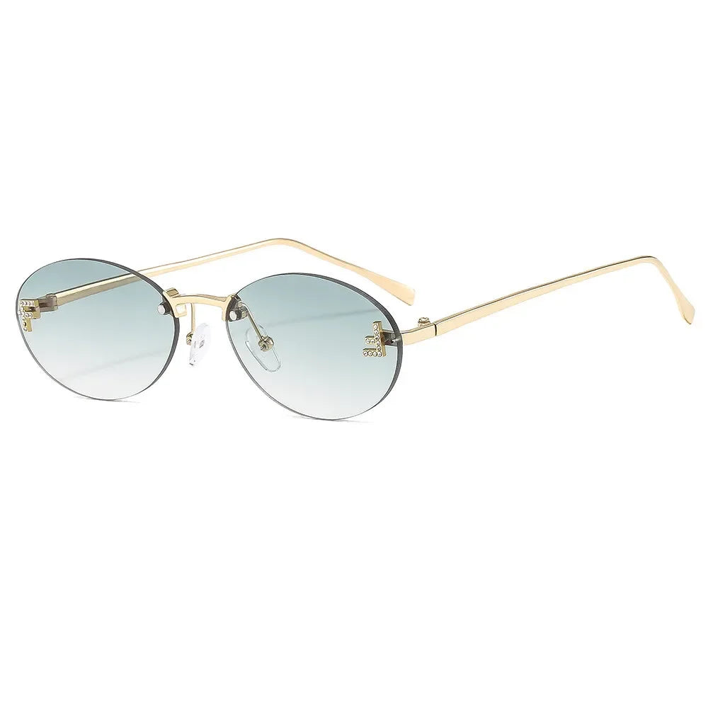 Lunettes de soleil de créateur de marque de luxe sans monture pour femmes, ovales rétro de petite taille, monture métallique, lunettes de soleil pour extérieur, style décontracté vacances, UV400 #300371