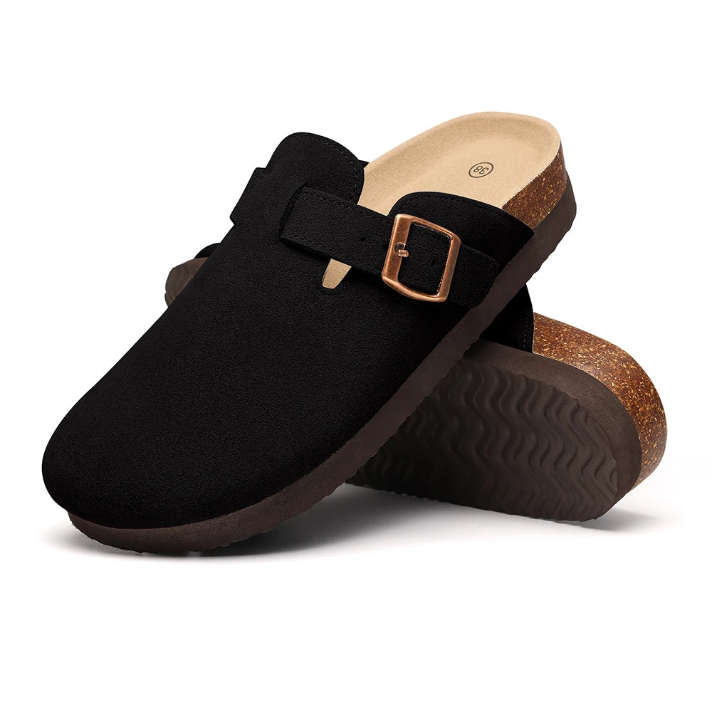 Litfun Nouveaux sabots pour femmes, mules en suède de liège tendance pour femmes, chaussons classiques en liège antidérapants pour l’extérieur avec soutien de la voûte plantaire