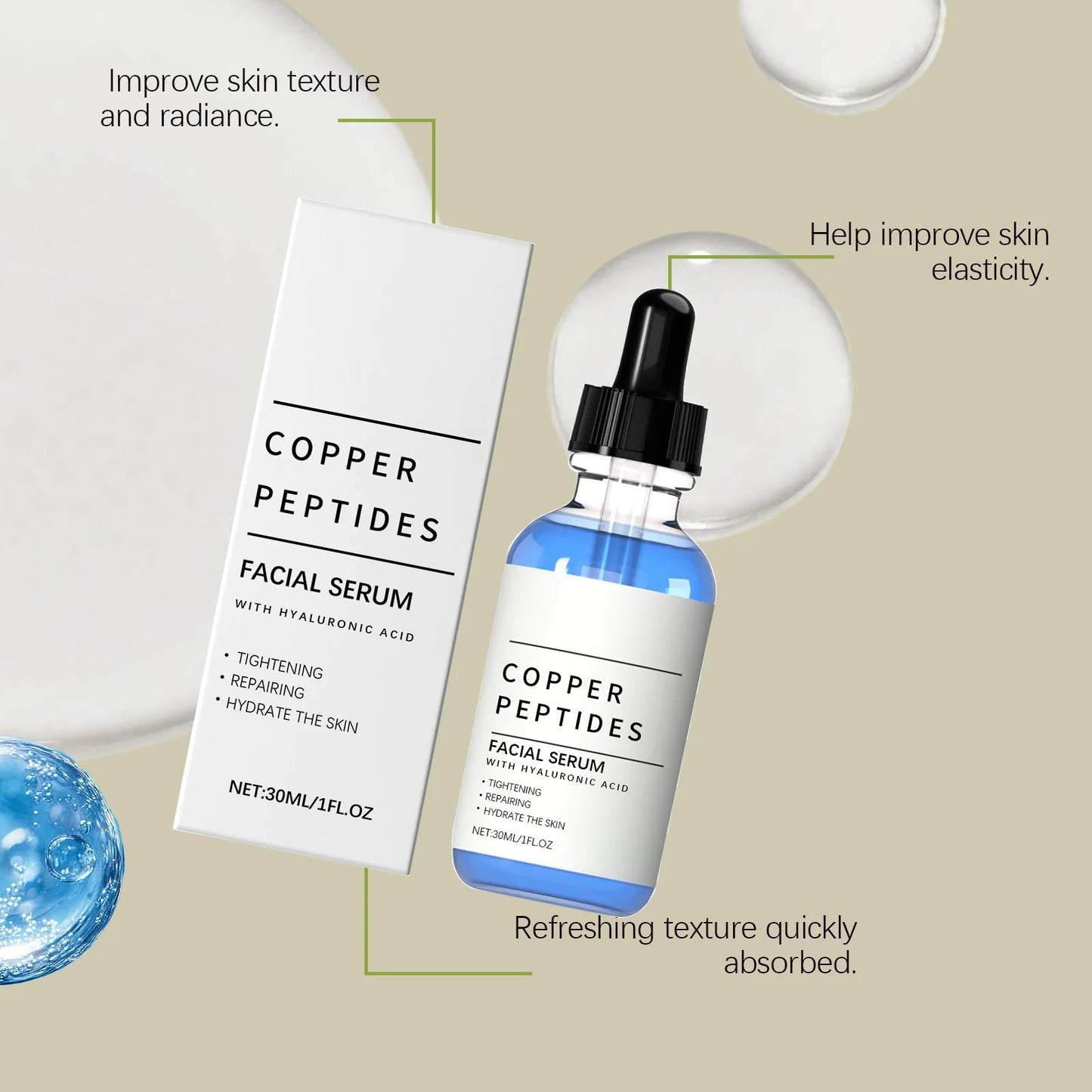 Sérum aux peptides de cuivre anti-rides, antioxydant, raffermissant, réparateur de la barrière cutanée, hydratation profonde, sérum visage à l’acide hyaluronique 30 ml