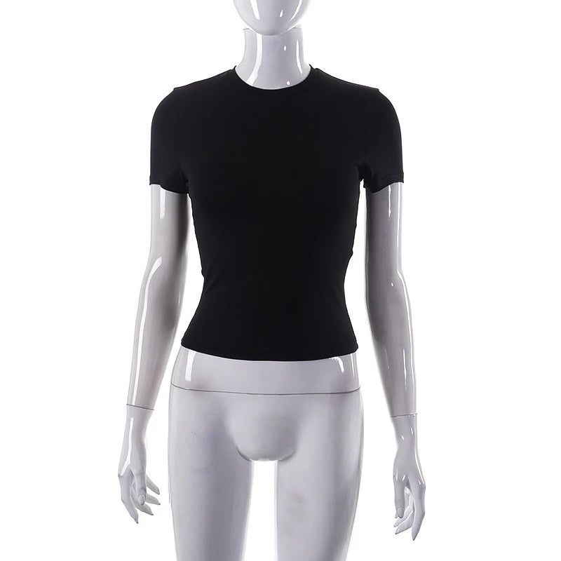 Nouveau t-shirt à manches courtes pour femmes printemps 2024, uni, simple, décontracté, doux, facile à assortir, tendance, haut court basique, t-shirt mode été.