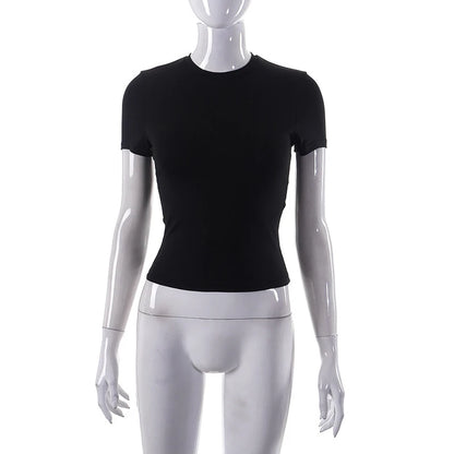 Nouveau t-shirt à manches courtes pour femmes printemps 2024, uni, simple, décontracté, doux, facile à assortir, tendance, haut court basique, t-shirt mode été.