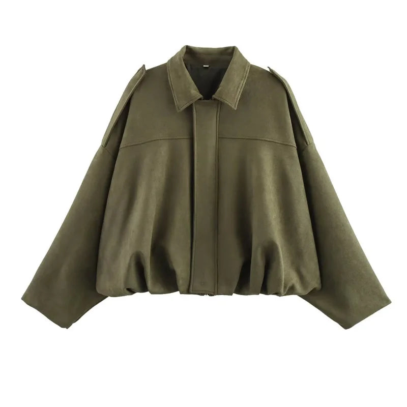 ETJ 2025 nouvelle veste bomber femme de printemps à effet suédine, coupe ample, col à revers, style mode, épaules marquéess