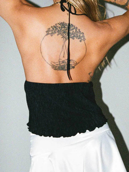 Hauts courts à col licou pour femmes été, hauts verts de couleur unie style bandage à devant ouvert, dos nu et sans manches, streetwear Y2K