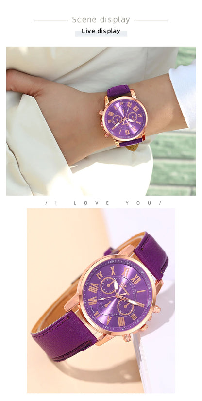 Montre Femme Fashion Montres pour Femmes Bracelet en Cuir Violet Quartz Montre-Bracelet pour Femmes Montre Décontractée et Professionnelle Relogio Feminino