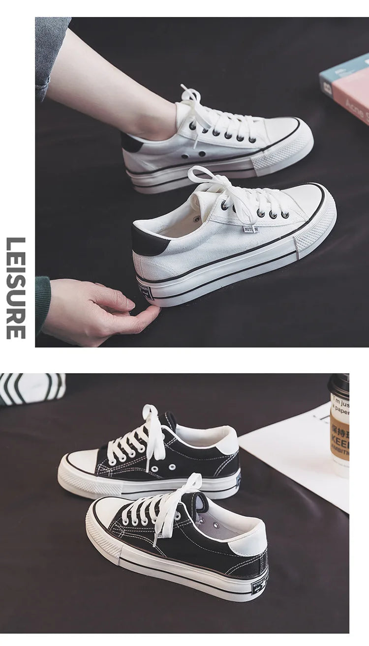 Chaussures pour femmes, chaussures en toile, baskets de printemps à semelle épaisse augmentant la hauteur, chaussures de skate tendance et polyvalentes, chaussures vulcanisées pour étudiantes