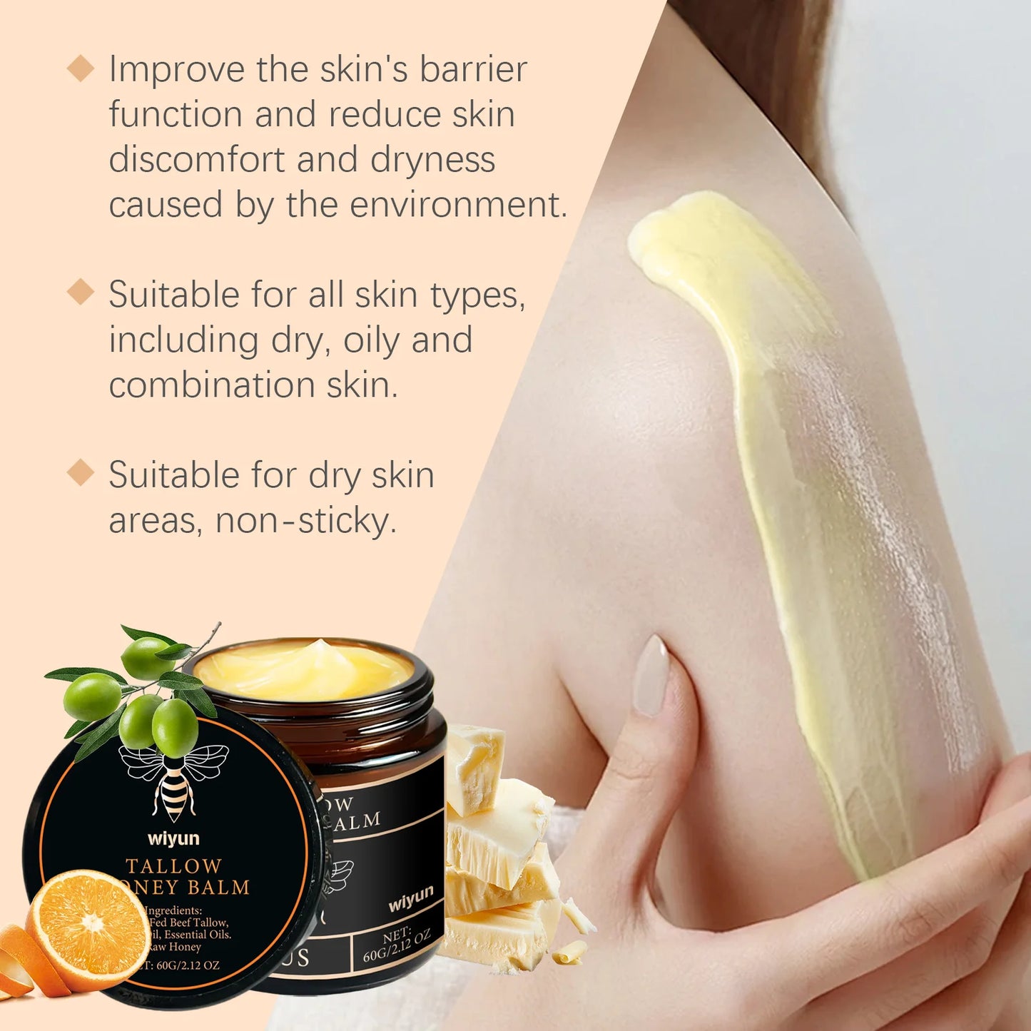 Lotion corporelle apaisante à la crème de miel et suif de bœuf, éclaircissante, atténuant les taches brunes, réduisant la mélanine, raffermissante, non grasse, hydratation durable.