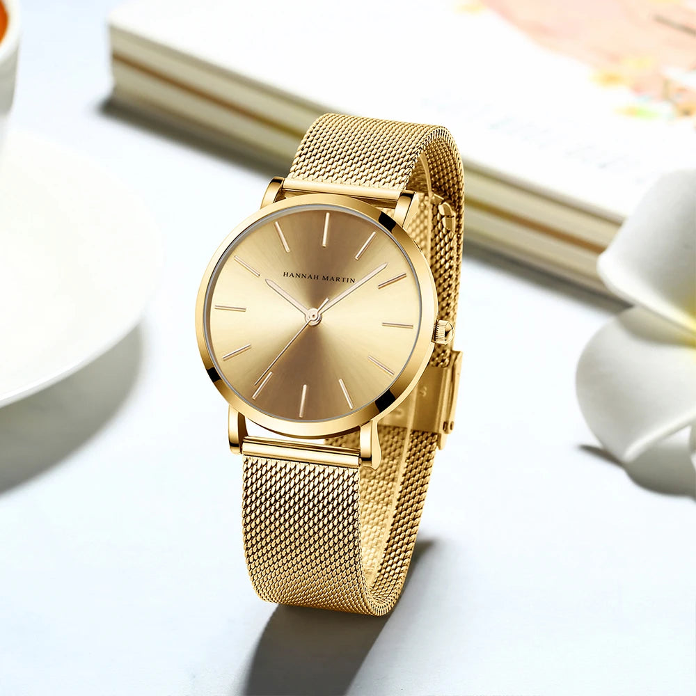 Montre pour femme HANNAH MARTIN en acier inoxydable de qualité, mouvement à quartz japonais, étanche, 36 mm, entièrement or rose, idéale pour le dropshipping.