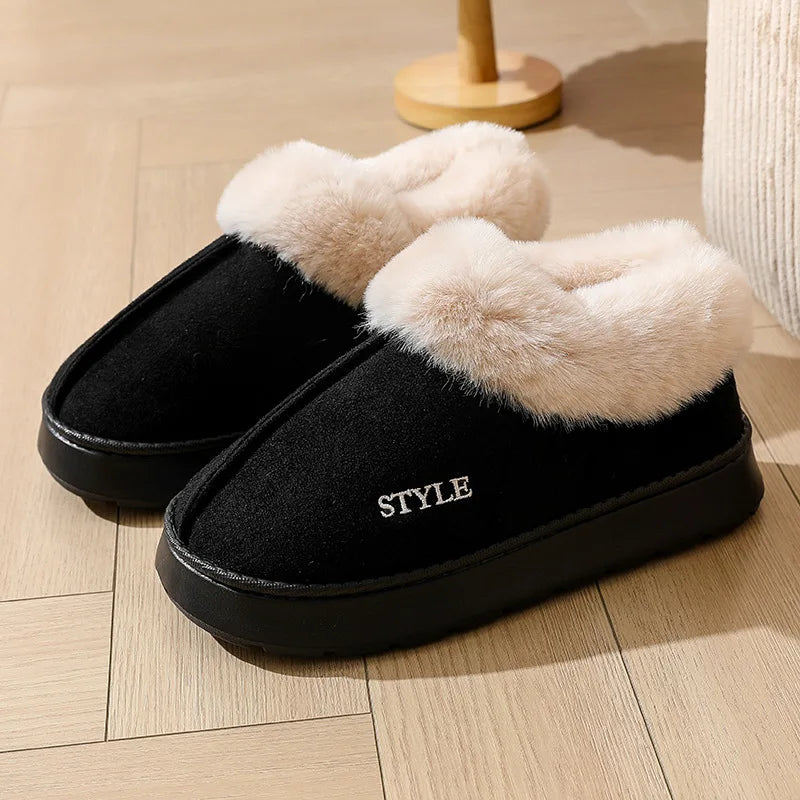 Pantoufles moelleuses pour femmes et hommes, chaussures d’intérieur d’hiver doublées en peluche, semelle épaisse antidérapante, bottes de neige chaudes, chaussures en coton duveteuses pour la maison