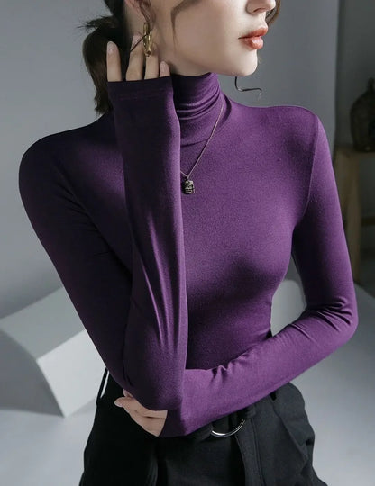 T-shirt femme à col roulé moulant vêtement 2025 haut noir pour femme t-shirt violet tee grunge esthétique simple pas cher stylé années 2000
