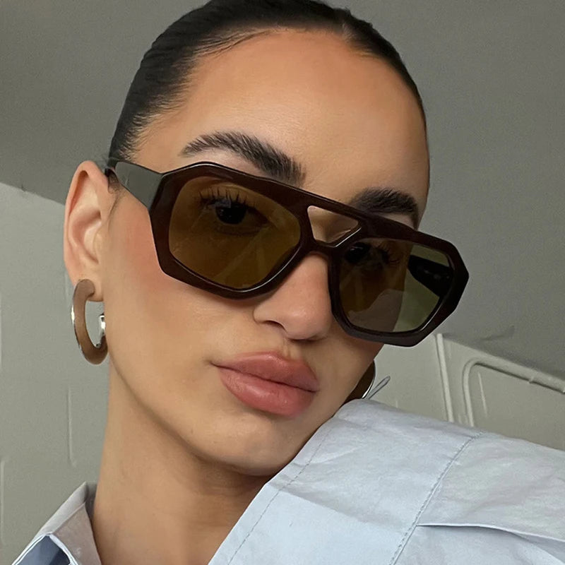 Lunettes de soleil rétro à double pont pour femmes, grande monture léopard dégradé thé, lunettes tendance de luxe de créateur, lunettes de soleil pour hommes
