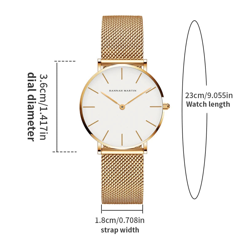 Montre pour femme HANNAH MARTIN en acier inoxydable de qualité, mouvement à quartz japonais, étanche, 36 mm, entièrement or rose, idéale pour le dropshipping.