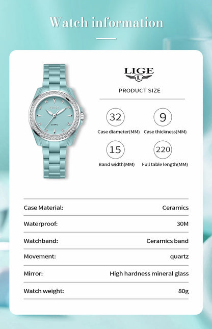 Montre pour femme LIGE 2026 nouvelle montre élégante en céramique à quartz, montre tendance étanche avec affichage lumineux, montre-bracelet pour femme + BOÎTE