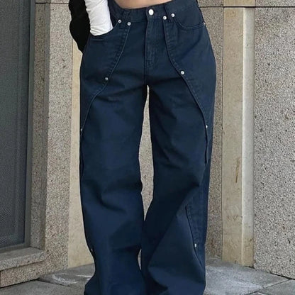Jeans pour femme vêtements Y2K pantalon ample coupe décontractée à jambe large style rétro américain vintage avec design patchwork à rivets et fente