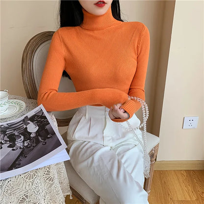 Pull femme automne-hiver 2026 à manches longues en maille, col roulé rabattable côtelé, doux et chaud, jumper pullover vêtements pour femme