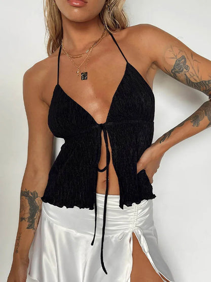 Hauts courts à col licou pour femmes été, hauts verts de couleur unie style bandage à devant ouvert, dos nu et sans manches, streetwear Y2K