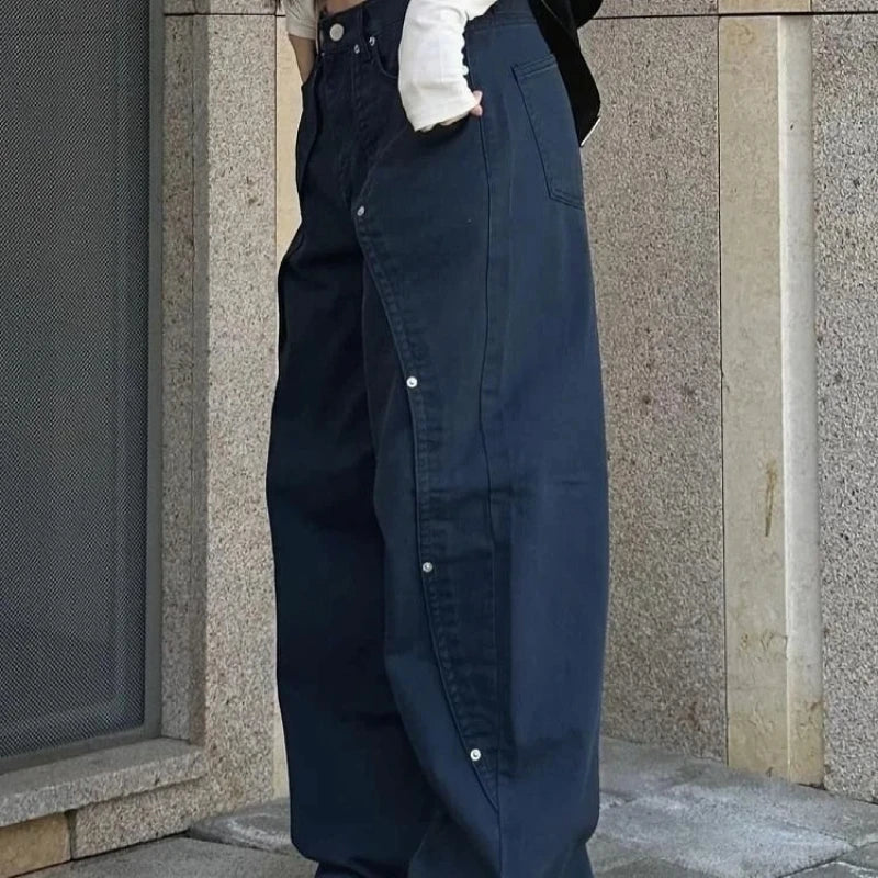 Jeans pour femme vêtements Y2K pantalon ample coupe décontractée à jambe large style rétro américain vintage avec design patchwork à rivets et fente