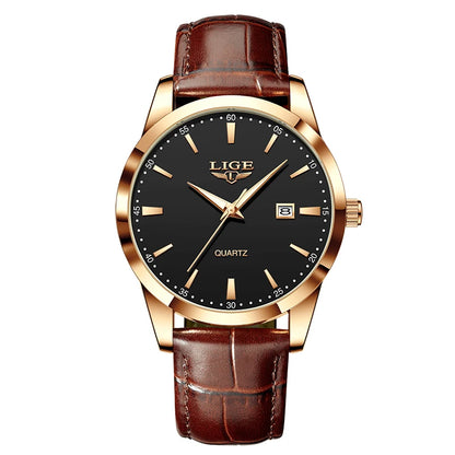 Montre Homme LIGE Nouvelle Montre de Luxe en Cuir Marron pour Homme, Montre Homme Mode Business, Montre Sport d’Extérieur Étanche à Quartz pour Homme