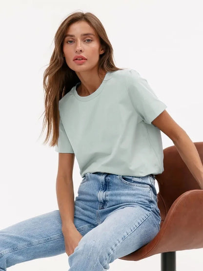 Bornladies Summer T-shirt femme 100 % coton, basique, tendance, uni, manches courtes, haut à superposer ample, 230 g/m², hauts et chemises