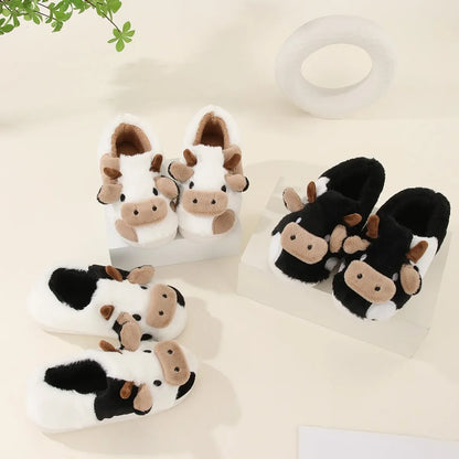 Chaussons d’intérieur d’hiver pour couples, chauds et en peluche, style neutre avec motif vache cartoon, antidérapants, confortables, en coton, pour hommes et femmes