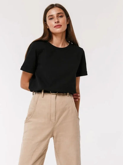 Bornladies Summer T-shirt femme 100 % coton, basique, tendance, uni, manches courtes, haut à superposer ample, 230 g/m², hauts et chemises