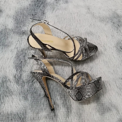 Sandales à plateforme pour femmes sexy 14 cm, défilés de mode, bout ouvert, talons hauts, stilettos à motif serpent, bride à la cheville, chaussures de soirée style gladiateur