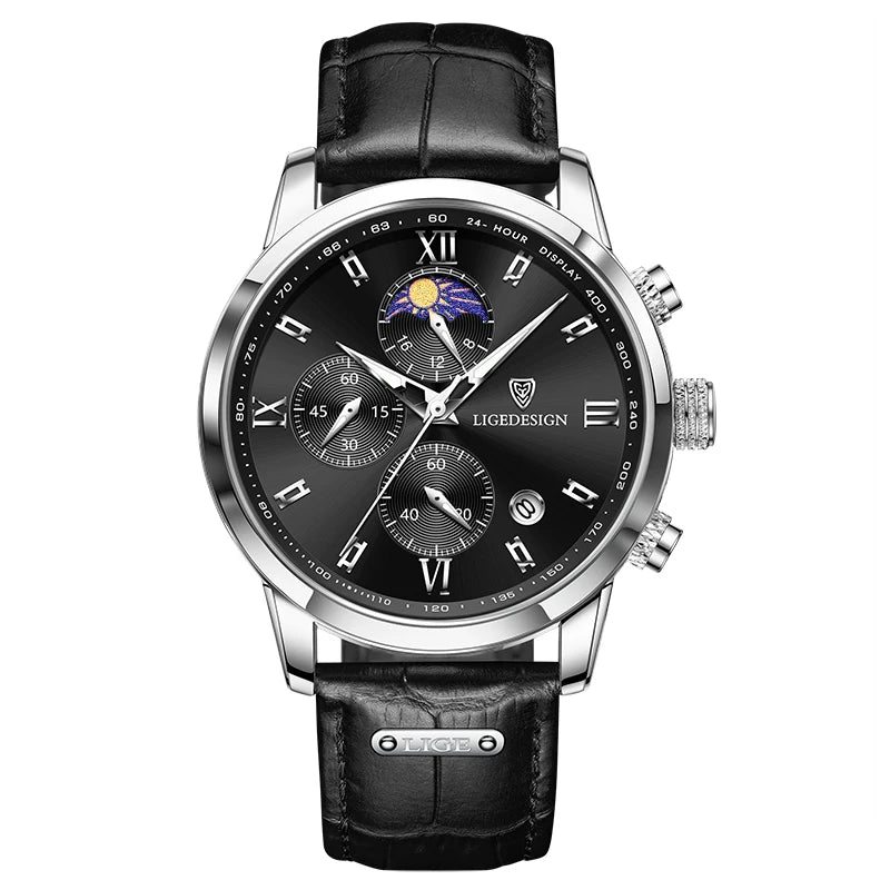 Montre-bracelet de luxe pour femme LIGE, bracelet en cuir, étanche, décontractée et sportive, à quartz, avec affichage 24 heures et phase de lune.