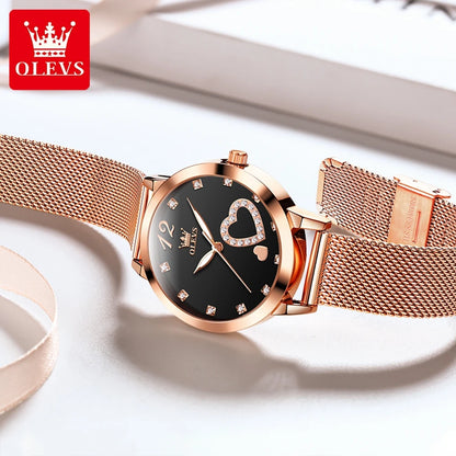 Montre pour femme OLEVS 5189, montre-bracelet à quartz, montre décontractée et tendance pour dames, étanche, lumineuse, bracelet en maille, cadran cœur, index en zircon.