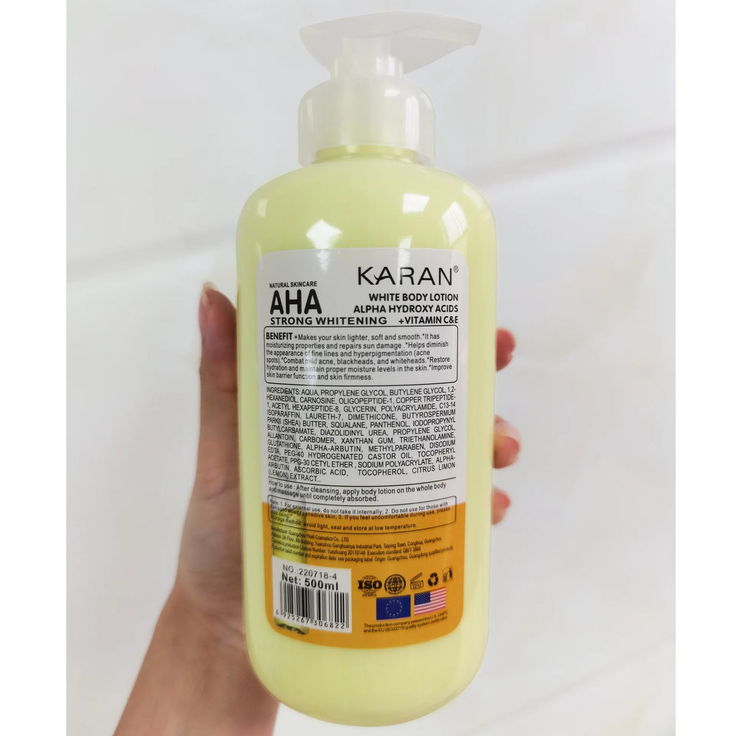 Crème corporelle blanchissante 500 ml aux acides hydroxy AHA, vitamines C&E, lotion corporelle hydratante éclaircissante, élimine les marques d’acné, soin de la peau