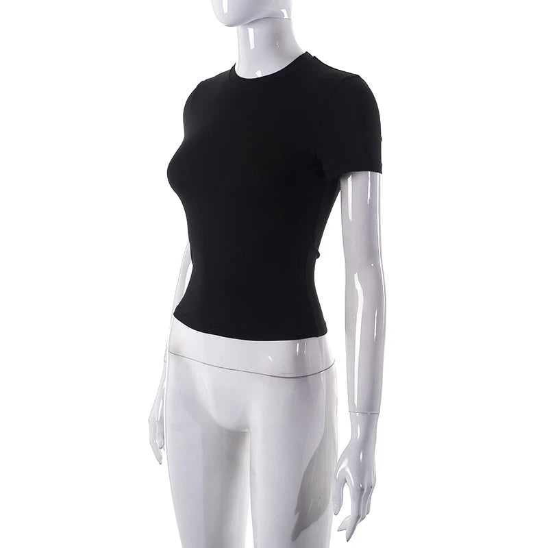 Nouveau t-shirt à manches courtes pour femmes printemps 2024, uni, simple, décontracté, doux, facile à assortir, tendance, haut court basique, t-shirt mode été.
