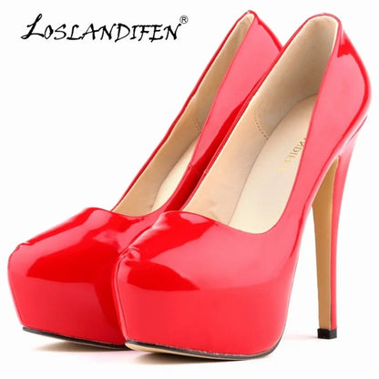 LOSLANDIFEN Escarpins à talons hauts pour femmes 14 cm, bout rond, stilettos, talons femme sexy, chaussures de mariage rouges pour dames, talons plateforme noirs