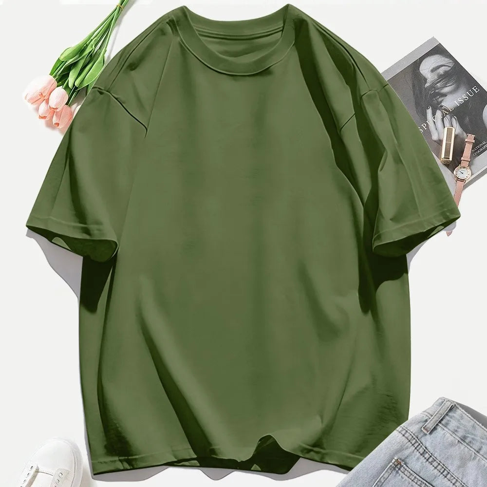 T-shirt femme Y2K 100 % coton, t-shirt décontracté de couleur unie, col rond, hauts d’été pour femmes, mode oversize, sportswear féminin tendance.