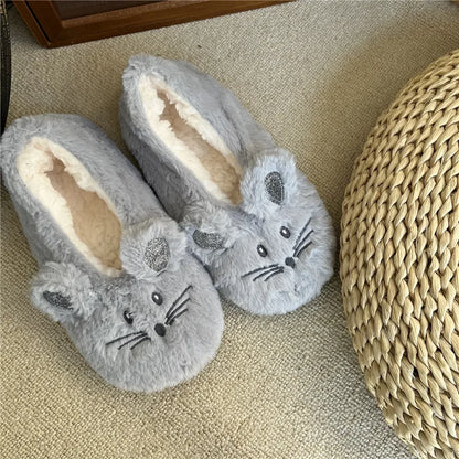 Pantoufles d’intérieur floues pour femmes, hiver, fourrure chaude en peluche, antidérapantes avec adhérence, chaussures d’intérieur moelleuses et confortables pour femmes paresseuses, oreilles de souris, chaussures de