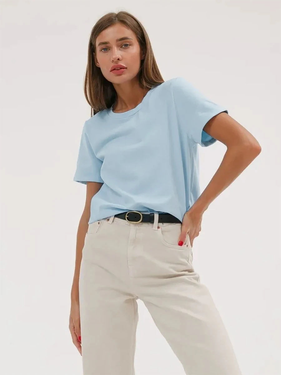 Bornladies Summer T-shirt femme 100 % coton, basique, tendance, uni, manches courtes, haut à superposer ample, 230 g/m², hauts et chemises