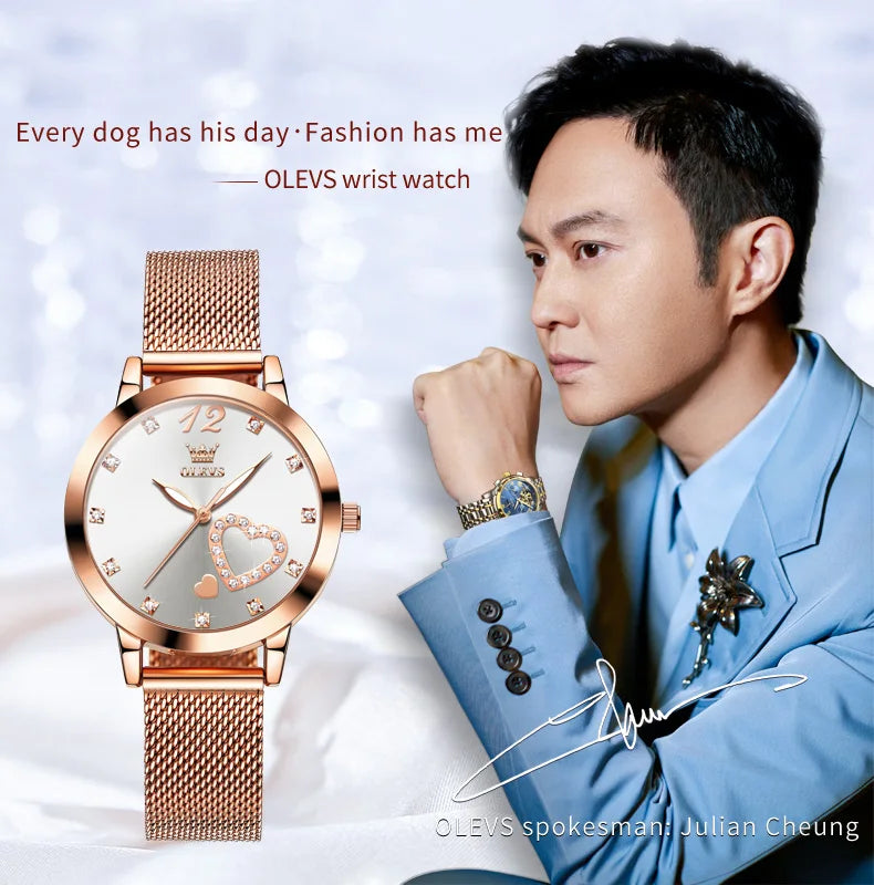 Montre pour femme OLEVS 5189, montre-bracelet à quartz, montre décontractée et tendance pour dames, étanche, lumineuse, bracelet en maille, cadran cœur, index en zircon.