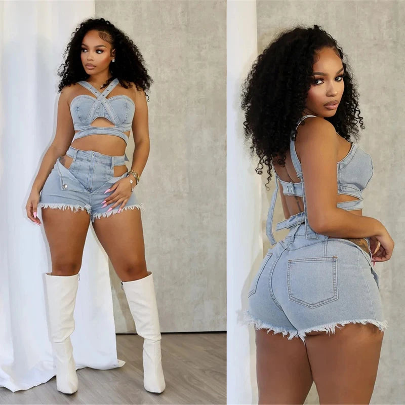 Ensemble short en jean sexy pour femmes, haut court en denim à bretelles et short découpé, vêtements d’été 2025, streetwear, tenue de club deux pièces