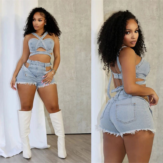 Ensemble short en jean sexy pour femmes, haut court en denim à bretelles et short découpé, vêtements d’été 2025, streetwear, tenue de club deux pièces