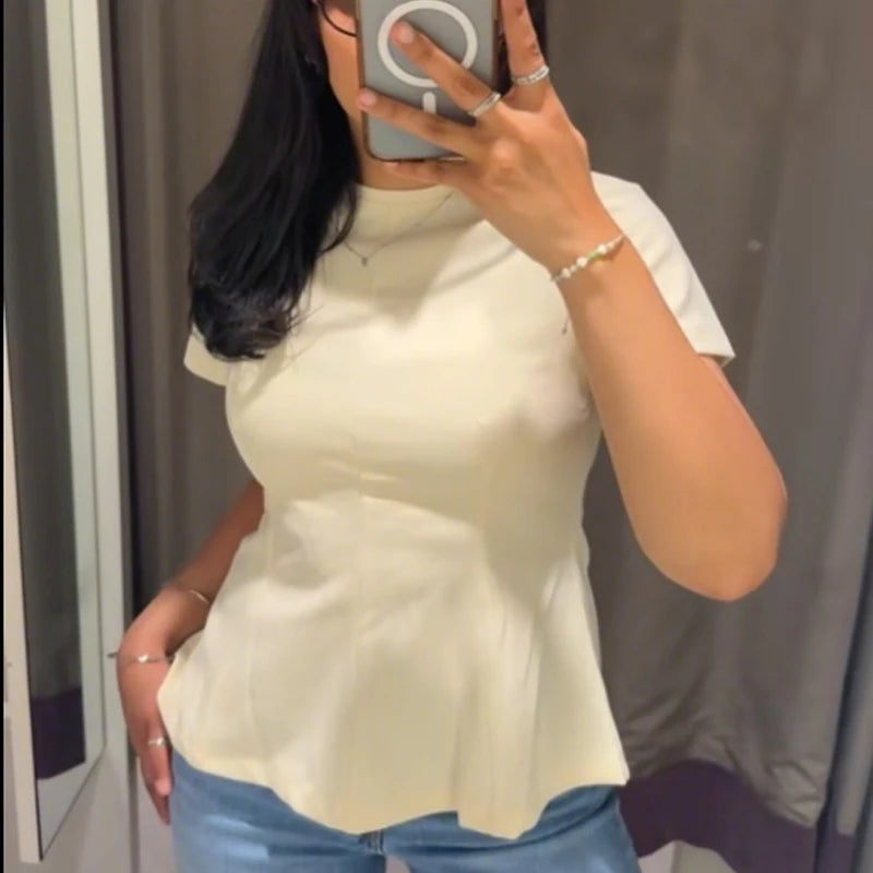 T-shirt femme d'été beige violet à manches courtes, haut élégant féminin plissé effet amincissant, nouveau haut femme printemps 2026