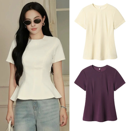 T-shirt femme d'été beige violet à manches courtes, haut élégant féminin plissé effet amincissant, nouveau haut femme printemps 2026