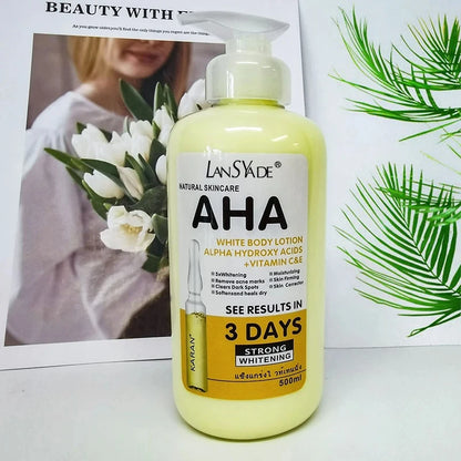 Crème corporelle blanchissante 500 ml aux acides hydroxy AHA, vitamines C&E, lotion corporelle hydratante éclaircissante, élimine les marques d’acné, soin de la peau