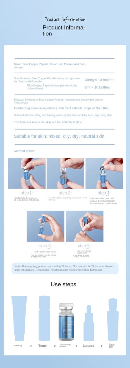 Ensemble de poudre lyophilisée réparatrice pour la peau du visage au peptide de cuivre bleu, pour peaux sensibles, hydratante, raffermissante et lissante, avec essence à l’acide hyaluronique