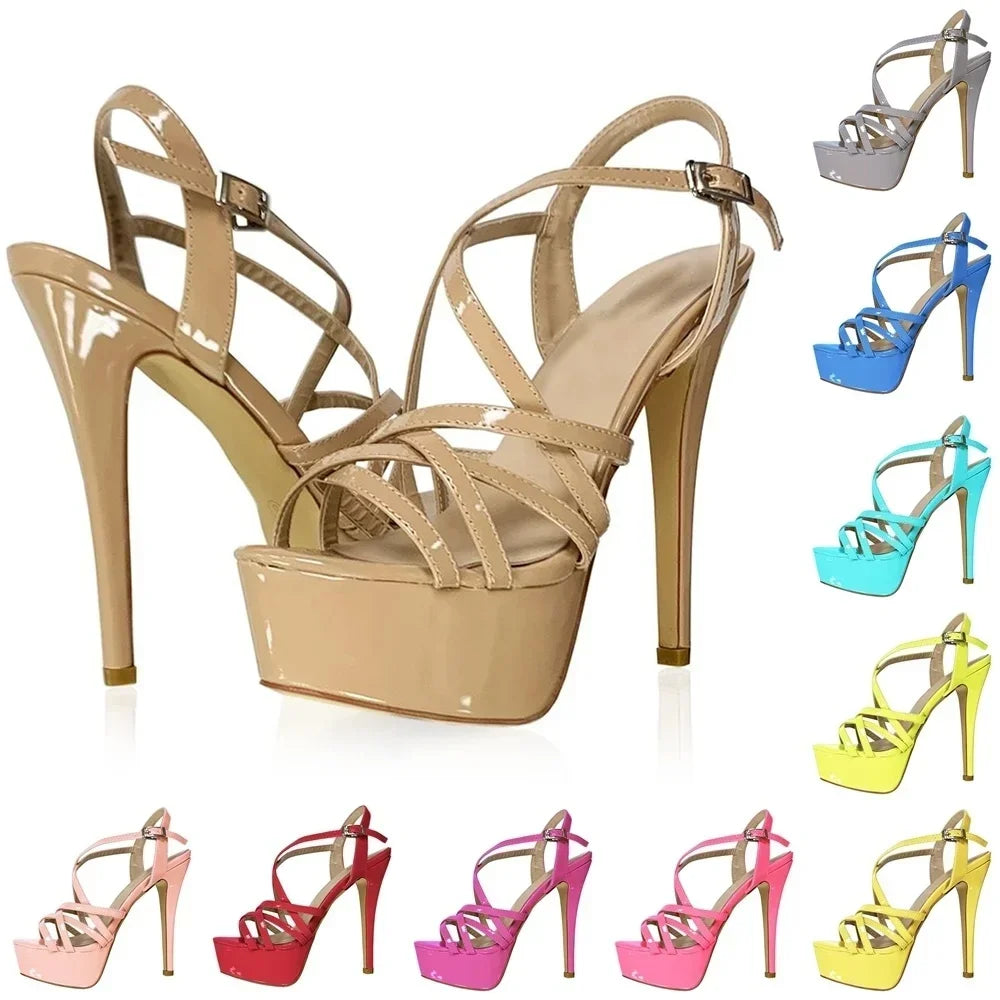 Sandales à plateforme pour femmes sexy 14 cm, défilés de mode, bout ouvert, talons hauts, stilettos à motif serpent, bride à la cheville, chaussures de soirée style gladiateur