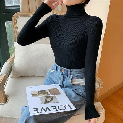 Pull femme automne-hiver 2026 à manches longues en maille, col roulé rabattable côtelé, doux et chaud, jumper pullover vêtements pour femme
