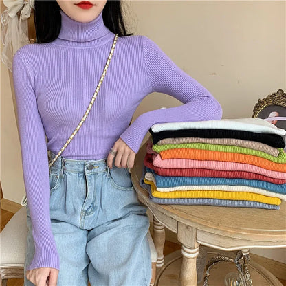 Pull femme automne-hiver 2026 à manches longues en maille, col roulé rabattable côtelé, doux et chaud, jumper pullover vêtements pour femme