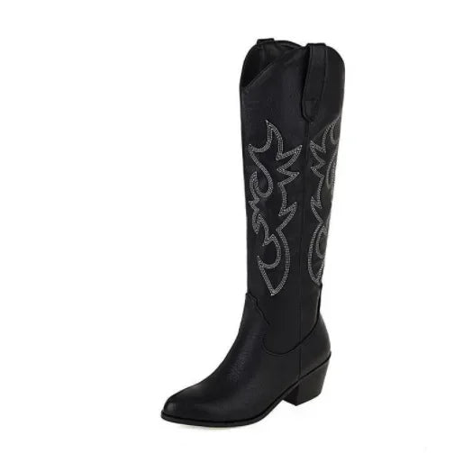 Bottes de chevalier à bout pointu pour femmes en cuir PU marron, bottes hautes jusqu’au genou pour femme, style western cowboy automne-hiver, longues bottes mujer 2024