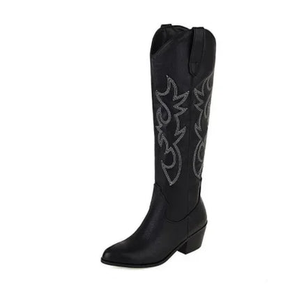 Bottes de chevalier à bout pointu pour femmes en cuir PU marron, bottes hautes jusqu’au genou pour femme, style western cowboy automne-hiver, longues bottes mujer 2024