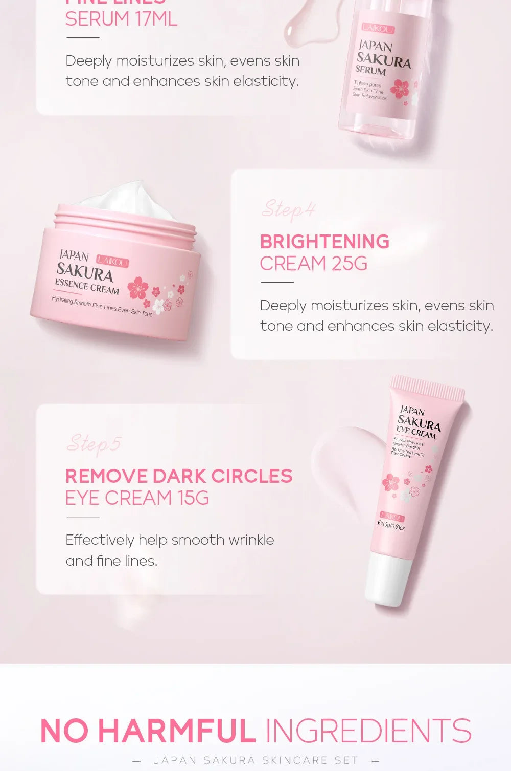 Ensemble de soins de la peau LAIKOU Sakura Kit hydratant et réduisant les ridules, produit nettoyant pour les pores, coffret de 5 pièces, cadeau de la Journée des femmes coréennes