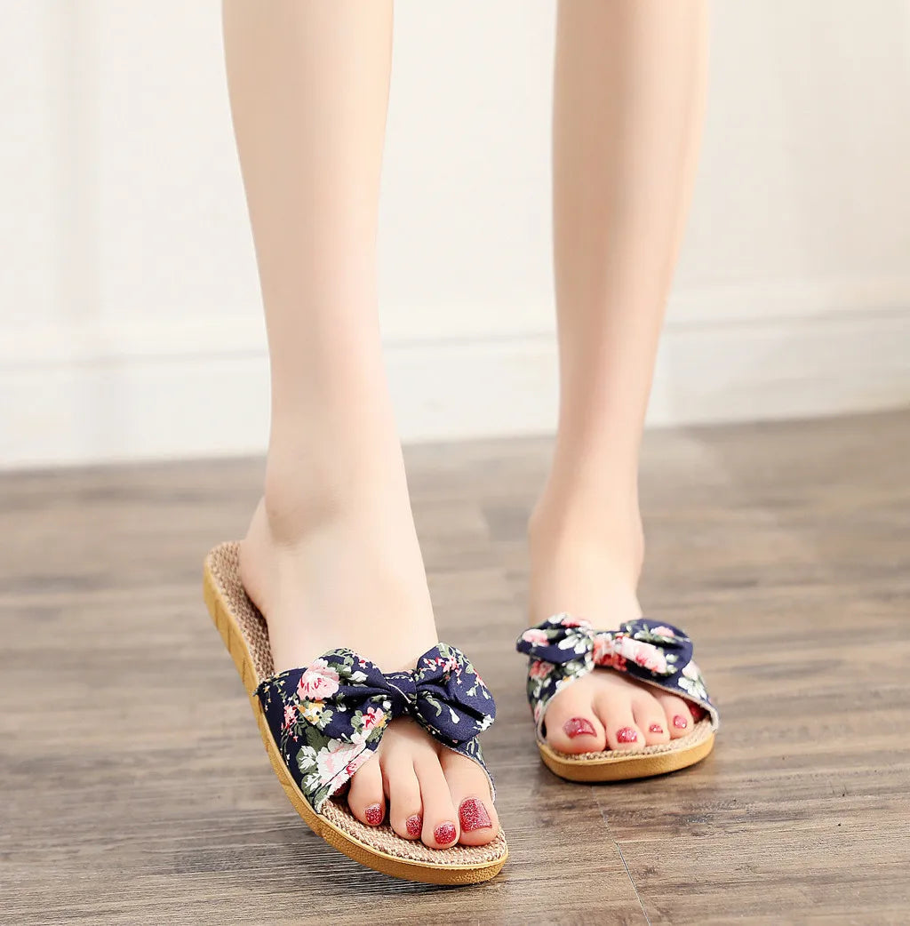Chaussures pour femme Sandales Mujer Femmes Féminines Nœud décoratif Lin en toile Tongs Chaussures de plage Sandales Pantoufles Chaussures Femme
