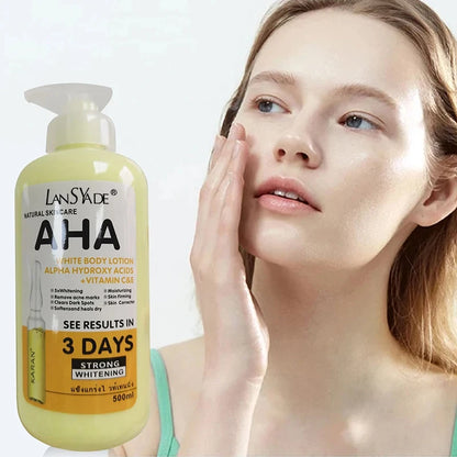 Crème corporelle blanchissante 500 ml aux acides hydroxy AHA, vitamines C&E, lotion corporelle hydratante éclaircissante, élimine les marques d’acné, soin de la peau